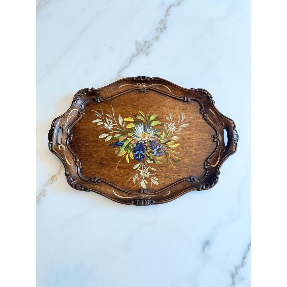 Vintage Ernst Huber Berchtesgaden Germany Hand Painted Carved Wood Tray Floral